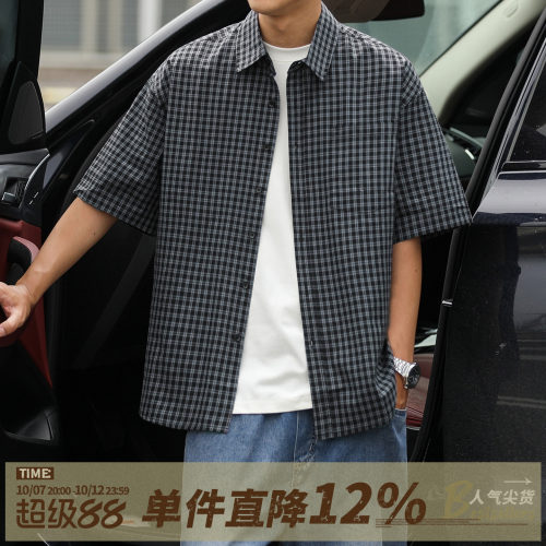 格纹短袖衬衫翻领衬衣外套