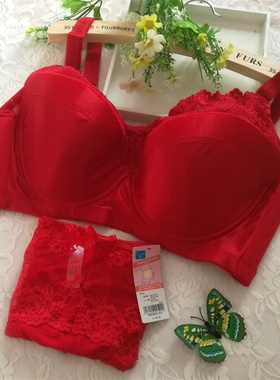 大码薄款文胸套装新年红内衣本命年大红色胸罩全包不跑杯光面乳罩