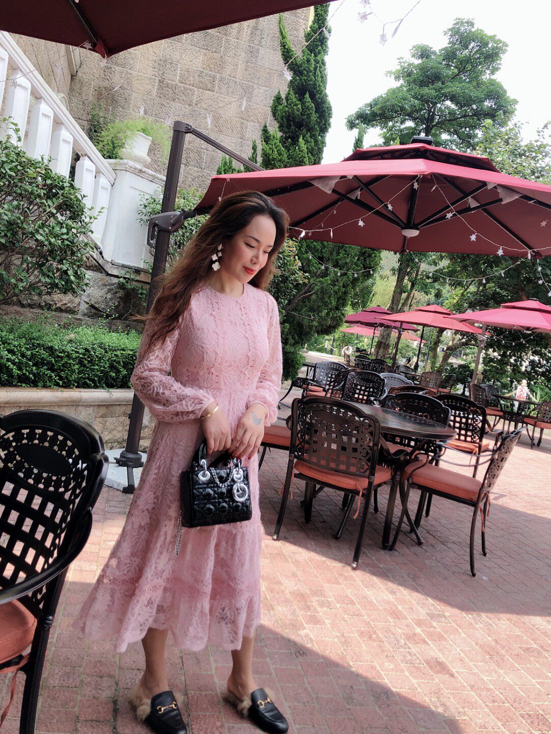2019秋款新款气质显瘦流行蕾丝超仙女中长款轻熟粉红款连衣裙