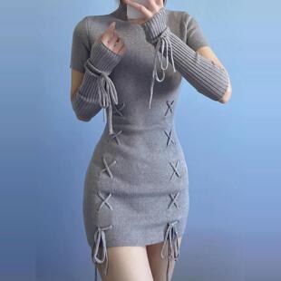 秋冬季新款针织连衣裙修身显瘦半高领性感辣妹包臀裙袖套打底裙子