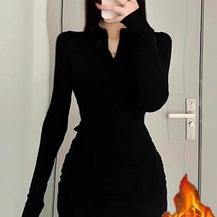 加绒针织连衣裙性感包臀裙黑丝搭配2024秋冬装女新款裙子辣妹穿搭