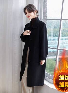 加绒加厚气质西装中长款大衣女毛呢外套秋冬季宽松高端小个子过膝