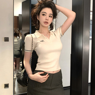 新款 经典 女夏季 简约修身 收腰显瘦百搭气质刺绣上衣 polo领针织衫
