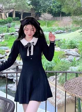 黑色连衣裙女2025秋冬款穿搭小个子千金气质小香风内搭打底针织裙