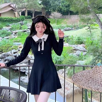 黑色连衣裙女2025秋冬款穿搭小个子千金气质小香风内搭打底针织裙