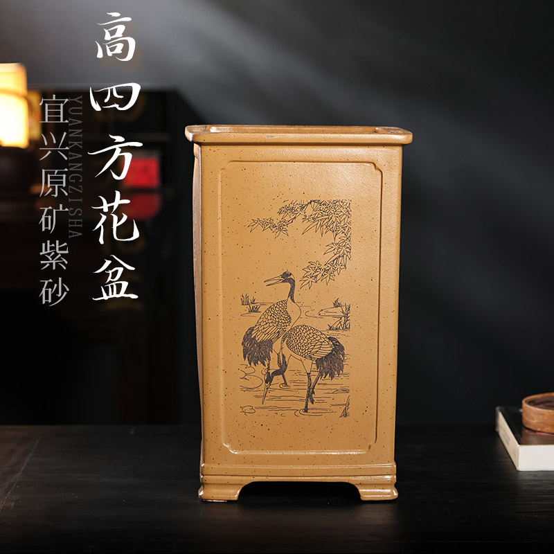 宜兴紫砂高四方签筒盆景盆悬崖老桩榕树陶瓷君子兰花盆专用花盆栽