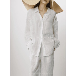 衬衣 宽松慵懒风防晒透气度假风长袖 专柜纯亚麻白衬衫 女2026夏新款
