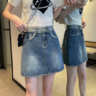 专柜复古做旧牛仔裙女2026夏新款 高腰毛边口袋显瘦百搭防走光短裙