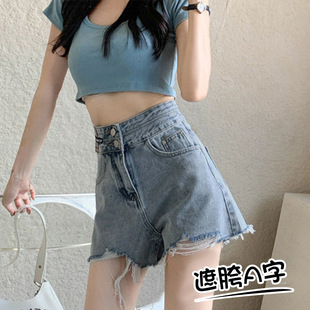高腰遮胯显瘦不规则毛边热裤 专柜做旧蓝双腰头牛仔短裤 女2026夏季