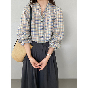 舒适木耳边袖 专柜文艺风格 新款 女2026春夏季 口显瘦通勤上衣 纹衬衫