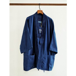 Kimono汉服开衫 外套 手工刺子道袍宽松罩衫 市井蓝染古法植物染经典