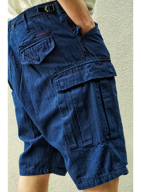 市井蓝染 手工古法植物染宽松休闲工装短裤M51鱼骨纹调节五分裤