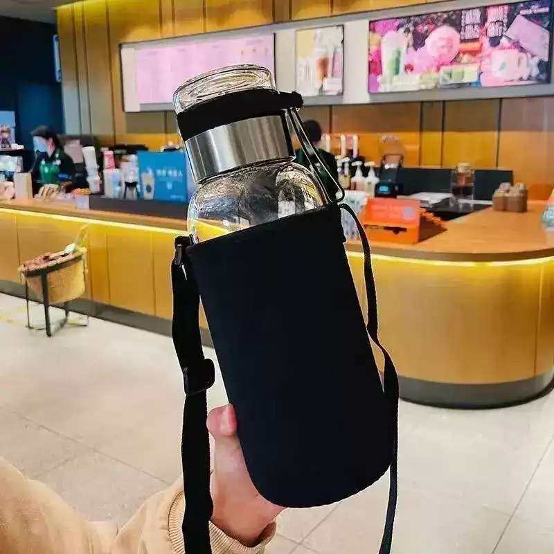 1L大容量便携玻璃水杯带提绳茶水