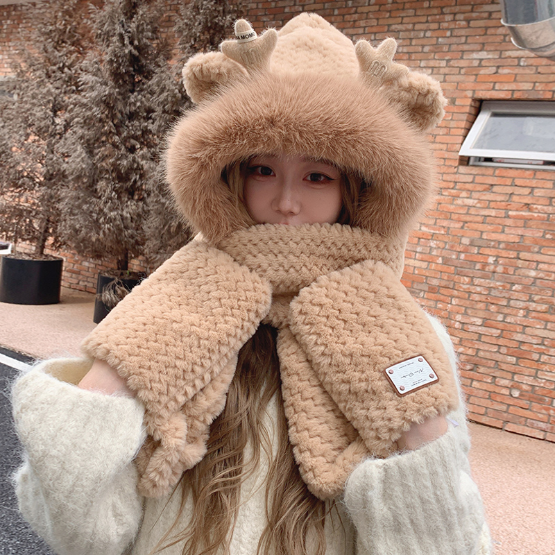 冬季小鹿角毛茸茸保暖护耳三件套双层加厚围巾手套一体帽子女冬天
