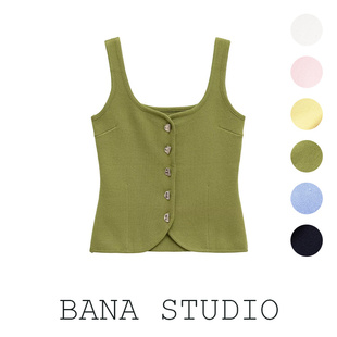 BANA西班牙外贸出口尾单绿色方领针织背心女马甲叠穿收腰显瘦坎肩