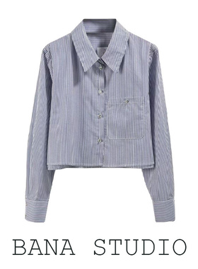BANA外贸蓝色竖纹衬衣女2023年秋装短款小个子珠宝纽扣饰条纹衬衫