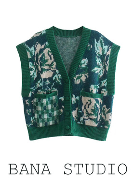 BANA外贸复古绿色毛衣高级感女2021年新款冬季花色马甲针织背心