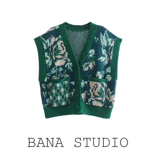 BANA外贸复古绿色毛衣高级感女2021年新款冬季花色马甲针织背心