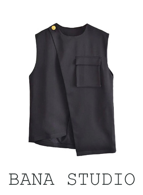 BANA外贸港风大码黑色不规则中长款西服马甲女设计感小众马夹外套