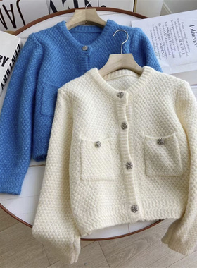 BANA外贸简约小香风圆领蓝色针织开衫毛衣外套女2023年春季新款