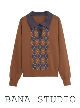 BANA西班牙外贸出口学院风复古棕色翻领菱格针织衫女上衣2025新款