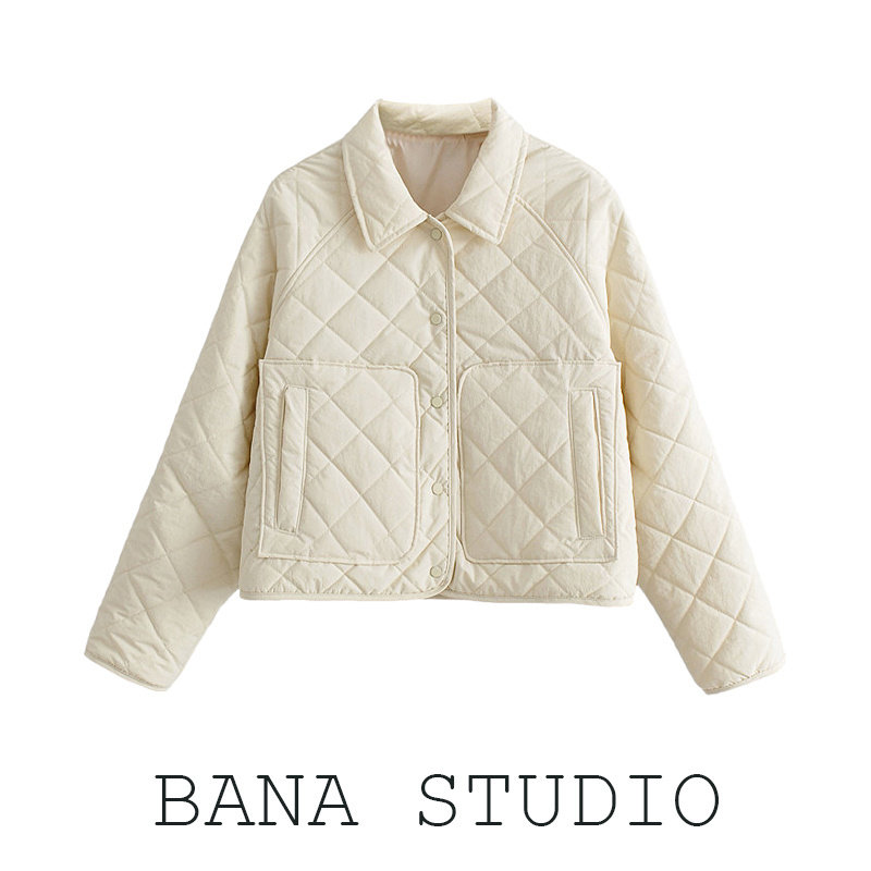 冬季Polo领米白短款轻薄棉衣棉服