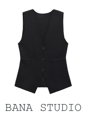 BANA西班牙外贸出口修身显瘦黑色V领中长款针织西装马甲背心外搭