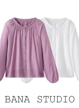 BANA外贸出口大码通勤紫色圆领灯笼袖长袖衬衫衬衣上衣女春夏新款