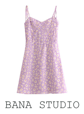 BANA法国外单撤柜出口女装紫色雏菊印花高腰细吊带雪纺连衣裙短裙