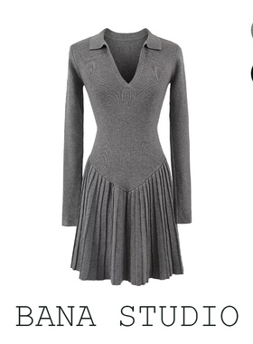 BANA外贸出口修身显瘦灰色Polo翻领长袖针织连衣裙女春秋百褶短裙