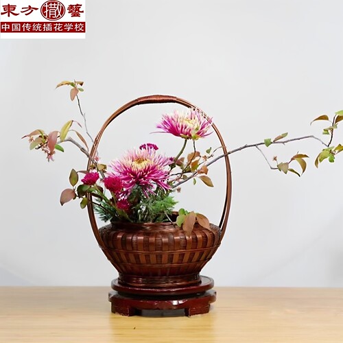 中式花艺插花篮竹编复古手提摆件
