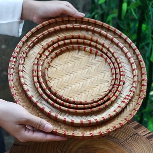 竹编簸箕火锅菜盘饭店商用餐具晾晒筛子喜庆箩筐盖子筛晒茶叶手工