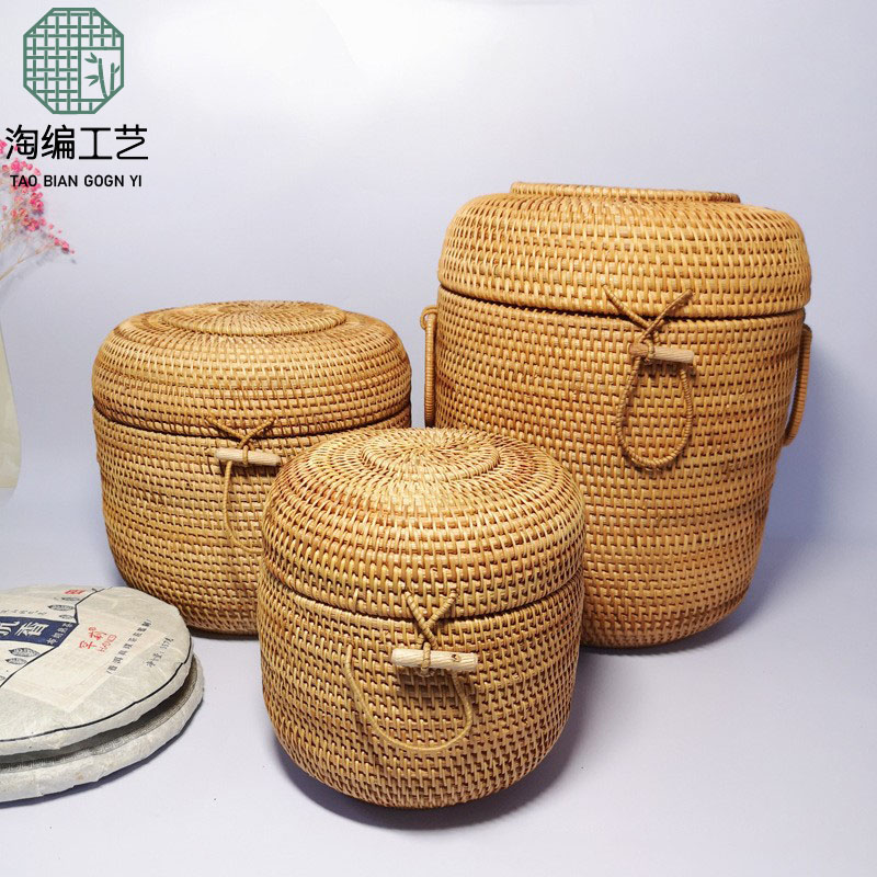 进口藤编七子饼茶叶罐普洱茶饼包装盒送礼盒收纳盒存茶桶大号小号