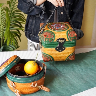 竹编茶叶盒民族风礼品包装盒化妆品收纳筐民族特色手提包藏式收纳