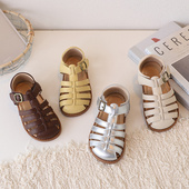 真皮韩国女童凉鞋 复古防滑儿童沙滩凉鞋 夏新款 罗马编织包头男童鞋