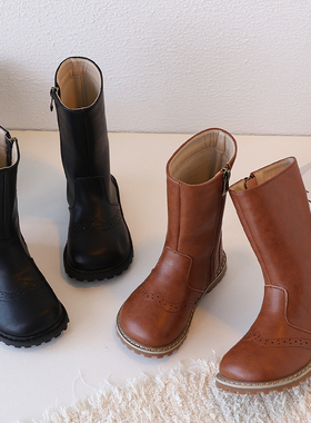 韩版女童高筒靴秋冬季复古儿童马丁靴雕花舒适中小孩童鞋男童单靴