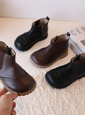 韩版儿童马丁靴2025秋冬季英伦风洋气女童单靴复古黑色加绒男童靴