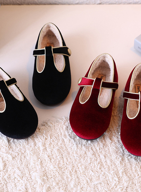 韩版儿童丝绒公主鞋秋冬季加绒保暖宝宝棉鞋复古绒面女童毛毛鞋子