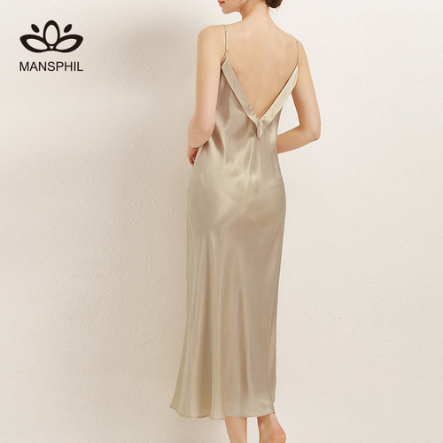 桑蚕丝法式v领美背长款吊带睡裙