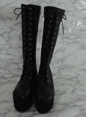 2016秋冬新款欧美系带松糕底高筒靴厚底长靴圆头松糕跟马丁靴女潮