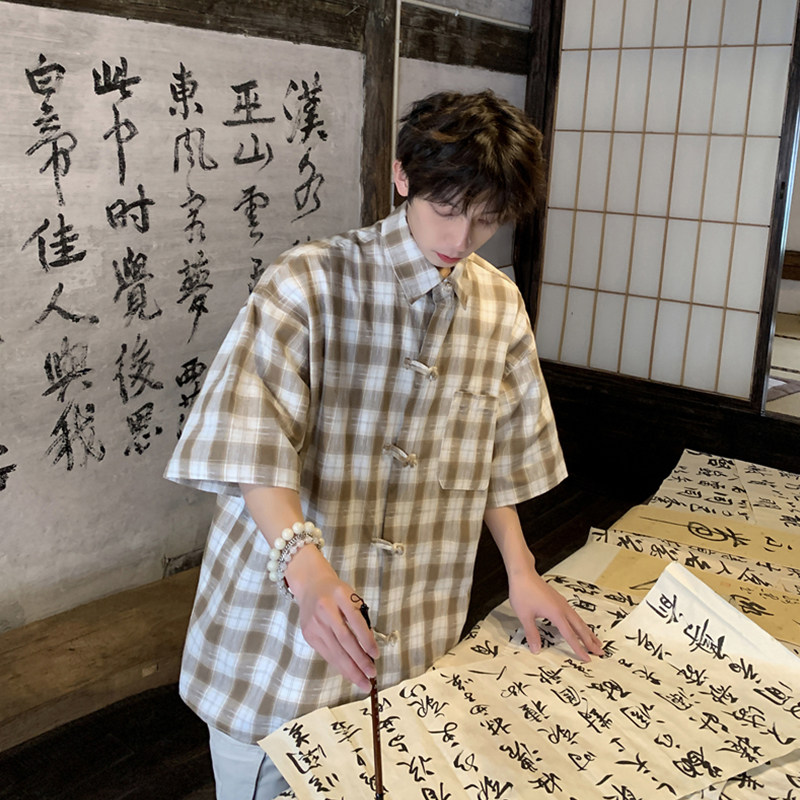 夏季港风格子朝复古短袖盘扣男五分袖衬衫大码226-3-D1166-P43,男装衬衫,星座226-3