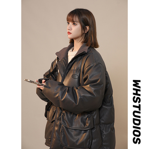 2023新款高品质PU皮棉衣中性罗文立领双口袋外套MY112-P165限228图片