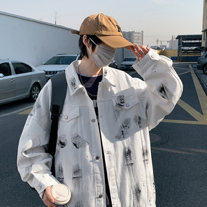 wassup happy涂鸦牛仔外套男士春秋季潮流港风青少年痞帅休闲夹克图片