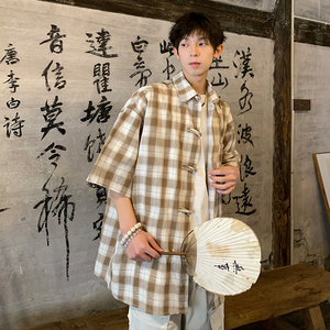 夏季港风格子朝复古短袖盘扣男五分袖衬衫大码226-3-D1166-P43图片