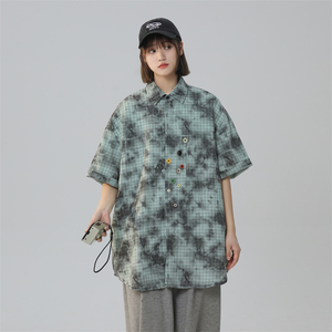 2024潮牌设计感夏季宽松大码短袖格子花衬衫男女226-3-D1116-P60图片
