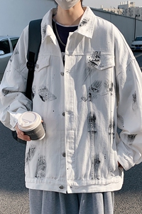 wassup happy涂鸦牛仔外套男士春秋季潮流港风青少年痞帅休闲夹克图片