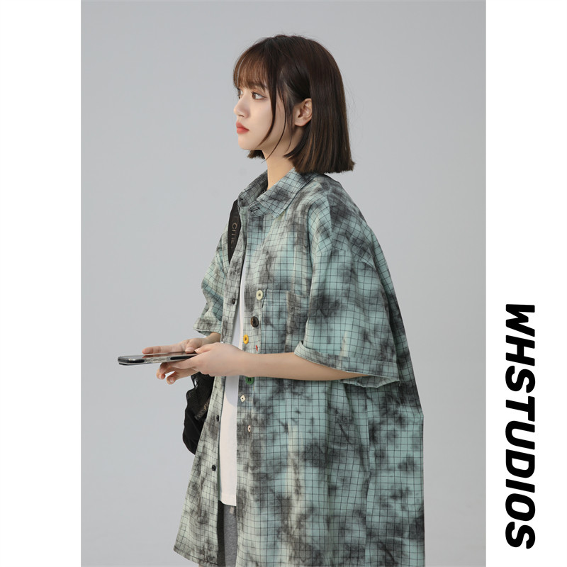 2024潮牌设计感夏季宽松大码短袖格子花衬衫男女226-3-D1116-P60,男装衬衫,星座226-3