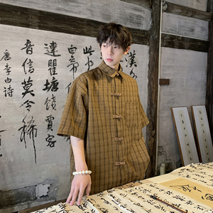 2024夏大码宽松复古新中式风风盘扣五分袖格子衬衫 6286-P48图片
