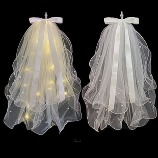 法式新娘结婚领证登记小头纱短款蝴蝶结网红发光头饰简约拍照珍珠