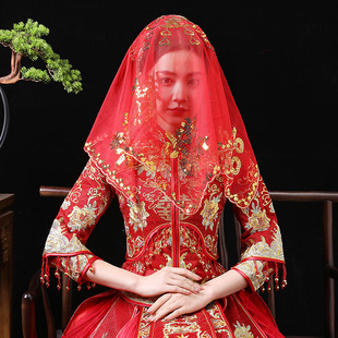 新款新娘红盖头结婚秀禾服盖头纱蒙头半透明薄款夏季中式婚礼道具
